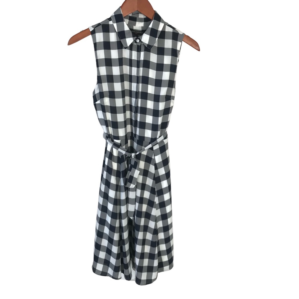 Gingham Plaid Polyester Banana Republic Navy Blue Sleeveless Belt Collared Dress - Picture 4 of 8